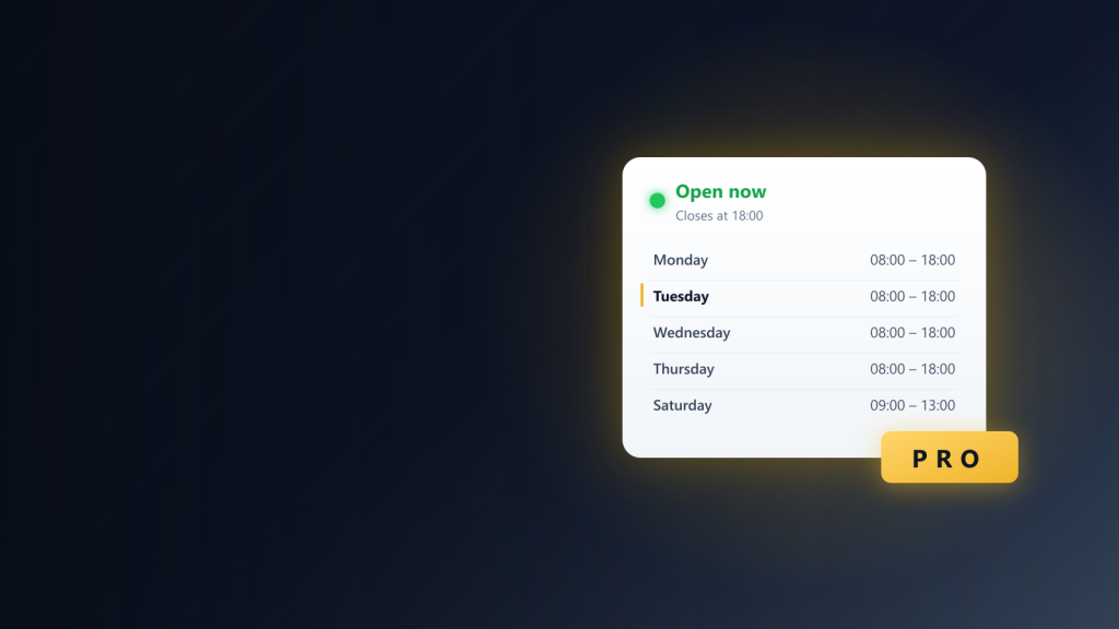 The Business Hours block showing a live “Open now” status above a week of opening hours